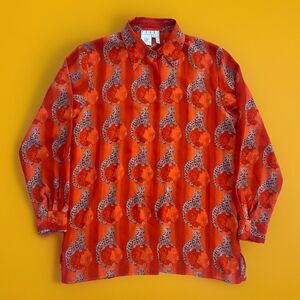 Piano Women's Silk Blouse Button Up Orange Big Cat Jaguar Leopard Art To Wear LG